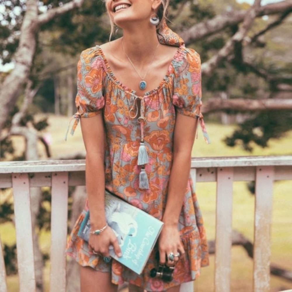 SOLD OUT Boho Orange Gypsy Retro Floral Babydoll Dress - Picture 3 of 5